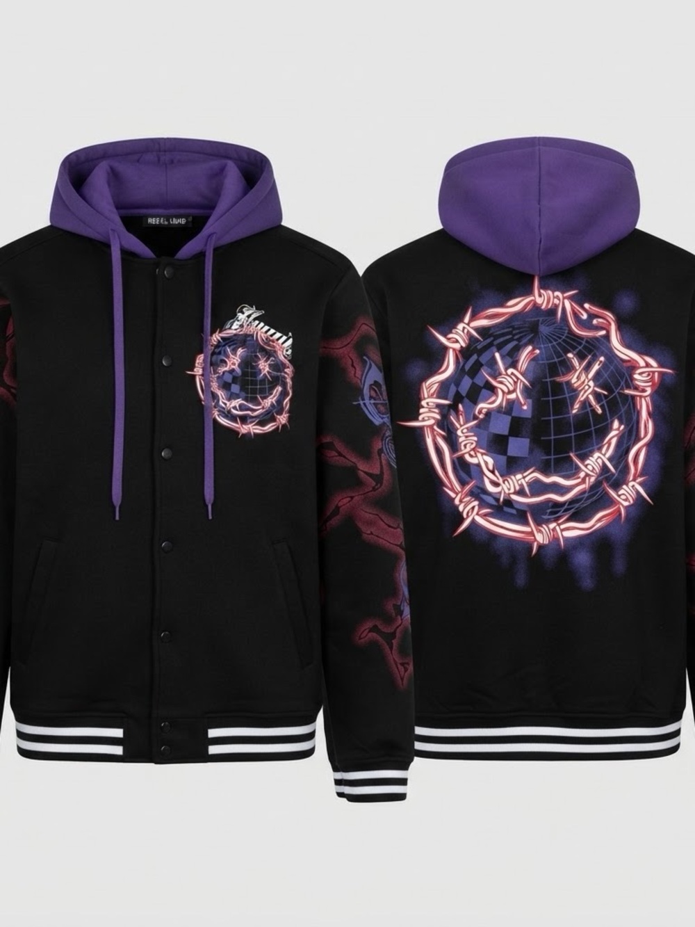 Rebel Minds Medium Graphic Varsity Jacket Detachable Hood NWT